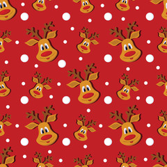 Seamless Christmas red pattern with deer and snowflakes