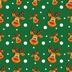Seamless Christmas pattern with deer and snowflakes on green background.