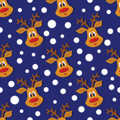 Obraz premium Seamless Christmas pattern with deer and snowflakes on blue background. 