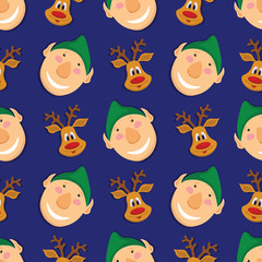 Seamless pattern with elves and deer on blue background