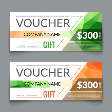 Gift voucher market offer template layout with colorful modern triangle business design. Certificate special discount buy coupon