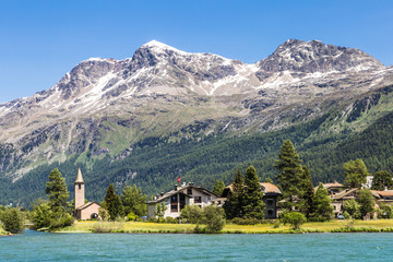 Traditional Swiss mountain village in Graubunden canton in Switz
