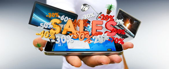 Businessman holding sales icons over his phone 3D rendering