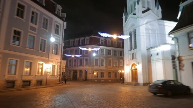Wide angle POV walk through old city hyperlapse. Riga, Latvia. December 2016. 4K UHD