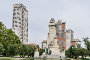 Fototapeta na wymiar Monument of Miguel Cervantes on Plaza de Espana. Madrid, Spain.