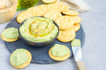 Healthy avocado hummus sprinkled with olive oil, paprika and sesame, served with crackers, horizontal, copy space