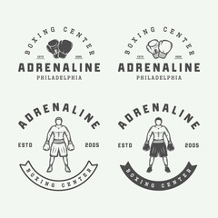 Boxing and martial arts logo badges and labels in vintage style.