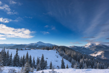 Winter landscape with snow-covered mountain villages. Carpathian