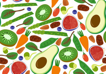 Vegan vegetarian seamless pattern. Fruits and vegetables background avocado kiwi spinach chard raw cacao goji berry bean sprout. Vector