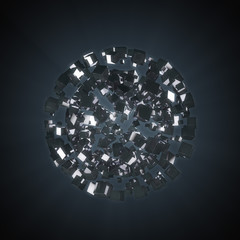 Explosion of cubes forming sphere abstract 3D background.