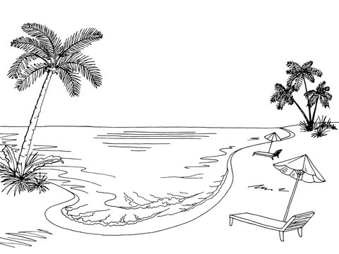 Sea coast graphic black white landscape sketch illustration vector
