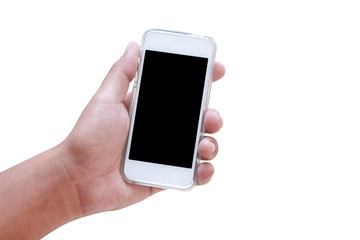 Close-up of a man typing on mobile phone isolated on white background,Man hand holding smartphone.