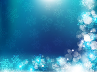 Christmas background with blue and white snowflakes in various styles. Abstract Vector Illustration.