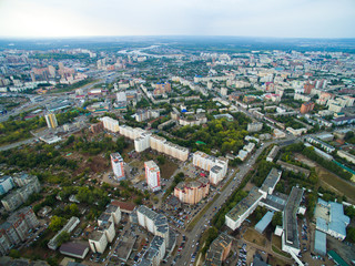 Aerial view of city Ufa from traffic, buildings, river, forest