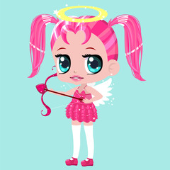 Sweet girl angel with bow and arrows of love. Beautiful little cupid. The messag