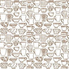 Hand drawn coffee cups and mugs in various shapes seamless pattern background 1