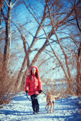 Fototapeta na wymiar Woman with a dog Labrador playing in winter outdoors