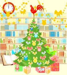 Christmas card with Christmas tree in library