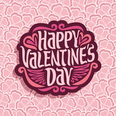 Vector abstract logo for Happy Valentine's Day: floral background, pink greeting composition for valentines day, lettering on flower pattern, shamrock ornament st. valentine, hearts in clover petal.