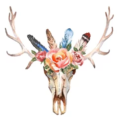 Stickers pour porte Boho Tête de cerf isolée à l& 39 aquarelle avec des fleurs et des plumes sur fond blanc. Style bohème. Crâne pour emballage, papier peint, t-shirts, textile, affiches, cartes, impressions