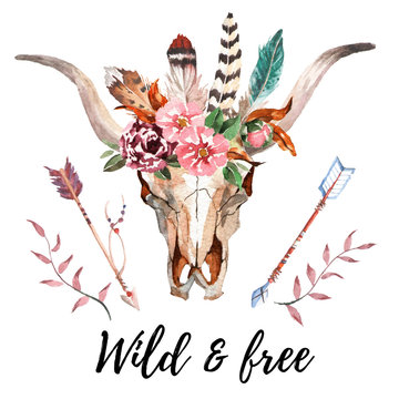 Watercolor isolated bull's head with flowers and feathers on white background. Boho style. Skull for wrapping, wallpaper, t-shirts, textile, posters, cards, prints