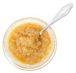 top view glass jar with caviar of pike with spoon