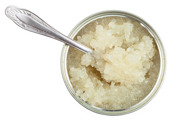 top view of open tin with halibut caviar and spoon