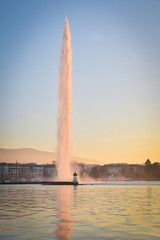 General view of Geneva/The city of Geneva, the Leman Lake and the Water Jet, in Switzerland,...