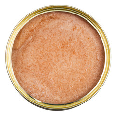 top view of open tin with caviar of saffron cod