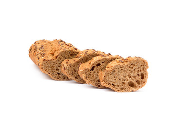 Sliced wholemeal baguette isolated on white background 
