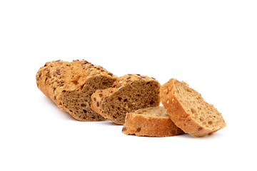 Sliced wholemeal baguette isolated on white background 