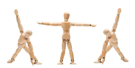 Various yoga postures wooden manikins mannequins