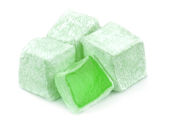 Traditional Turkish delight with mint aroma,  isolated on white background