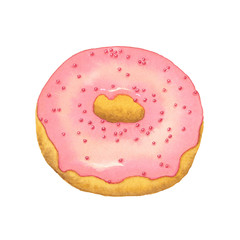 Watercolor strawberry donut with pink frosting