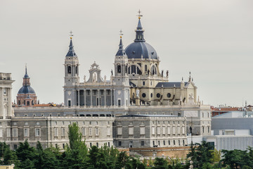 Fototapeta na wymiar Madrid Panorama with Royal Palace and Almudena Cathedral. Spain.