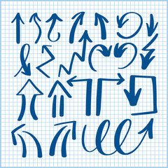 set of hand drawing isolated arrows collection on lined sheet