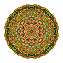 Mandala Eastern pattern. Zentangl round ornament. Orange, green and rose
