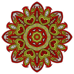 Mandala doodle drawing. Colorful floral round ornament. Ethnic motives. Zentangl Hearts. Red and green tones