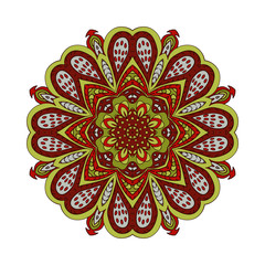 Mandala doodle drawing. Colorful floral round ornament. Ethnic motives. Zentangl Hearts. Red and green. Flower