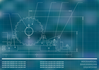Mechanical drawings on a blue and white background. Engineering illustration. Vector