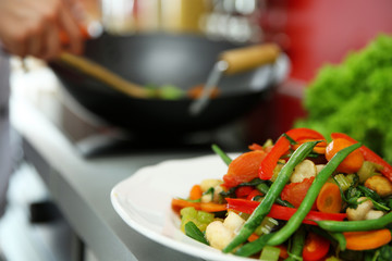Cooked vegetables on plate closeup