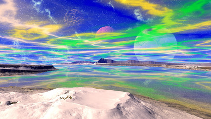 Fantasy alien planet. Mountain and lake. 3D illustration