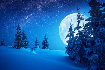 Poster Volle maan die opkomt boven de wintervallei © Bashkatov