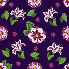 Seamless pattern with spring flowers. Cover, background. Violet and green colors. Dark violet pattern