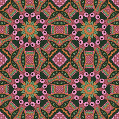 Mandala. Zentangl seamless ornament. Relax. Oriental pattern. Pink, green color