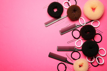 Accessories for hairstyle on pink background