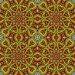 Mandala doodle drawing. Colorful seamless ornament. Ethnic motives. Zentangl Hearts. Red and green tones
