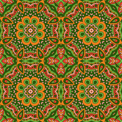 Mandala Eastern pattern. Zentangl seamless ornament.  Orange and green colors