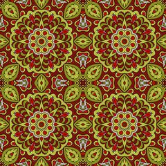 Mandala doodle drawing. Colorful floral seamless ornament. Ethnic solar Arabic motifs. Zentangle. Red and green