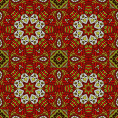Mandala doodle drawing. Colorful floral seamless ornament. Ethnic solar Arabic motifs. Zentangle. Red and green, bright green color. Vector